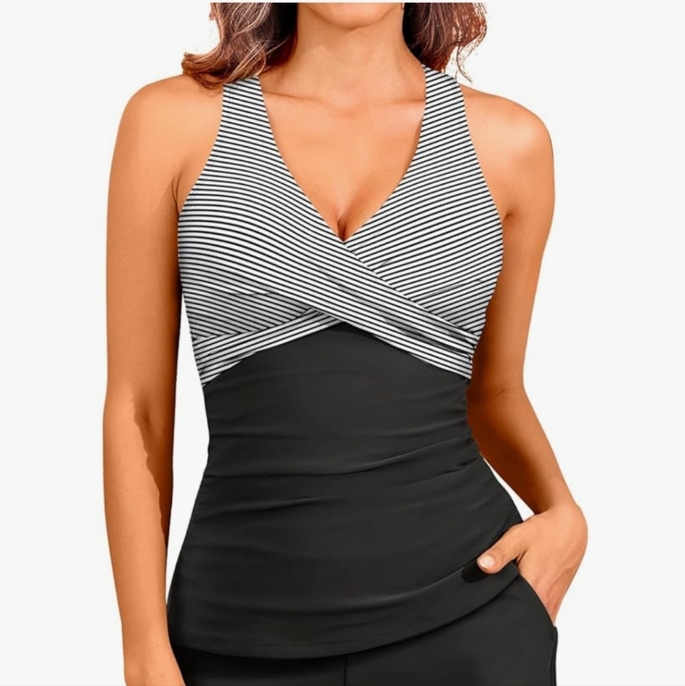 Women's Tankini Swimsuit Top Crossover Ruched Black White‎ Stripe Size 18